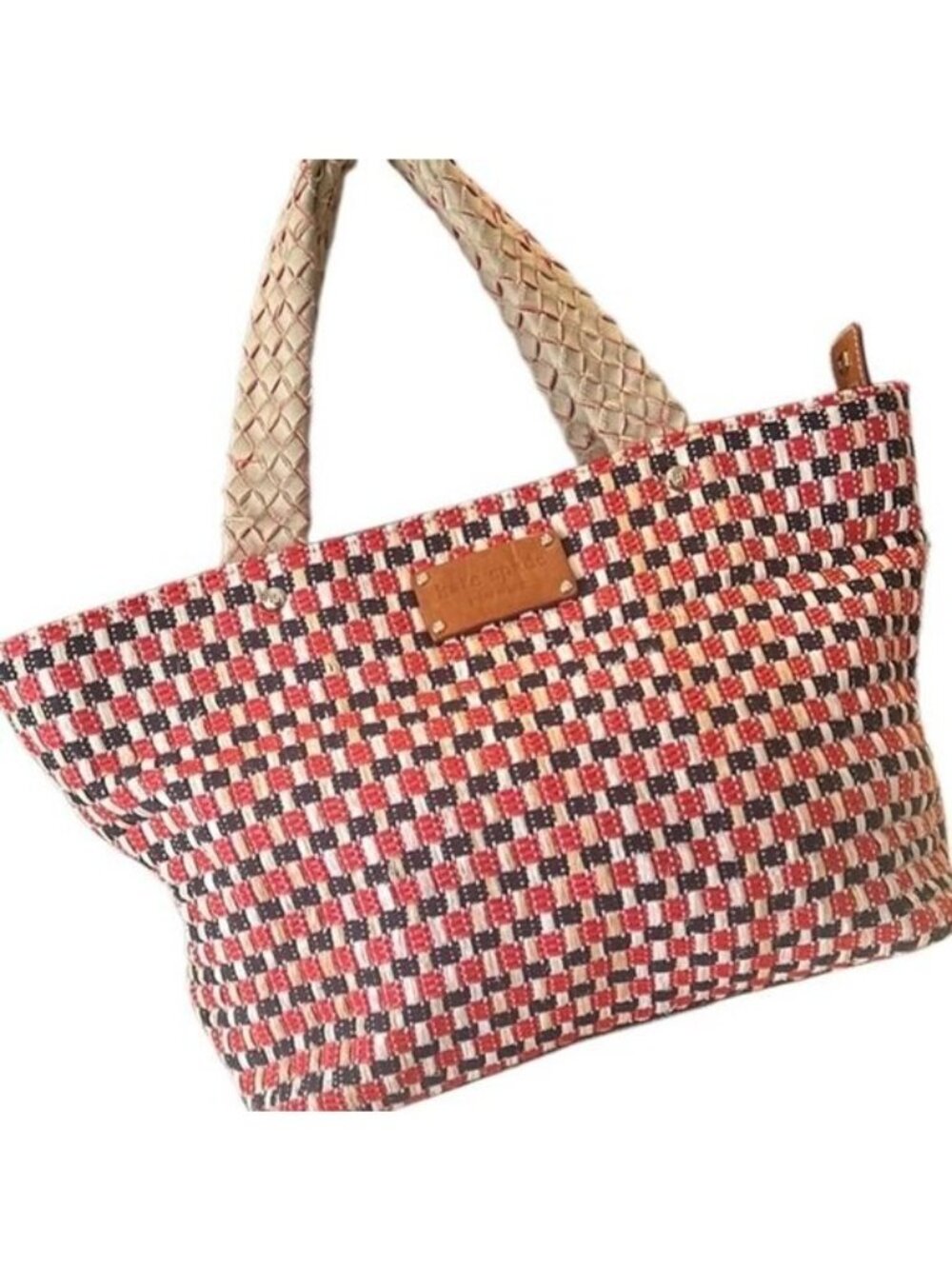 Kate Spade Red and Black Leather and Woven Tote Shoulder Bag